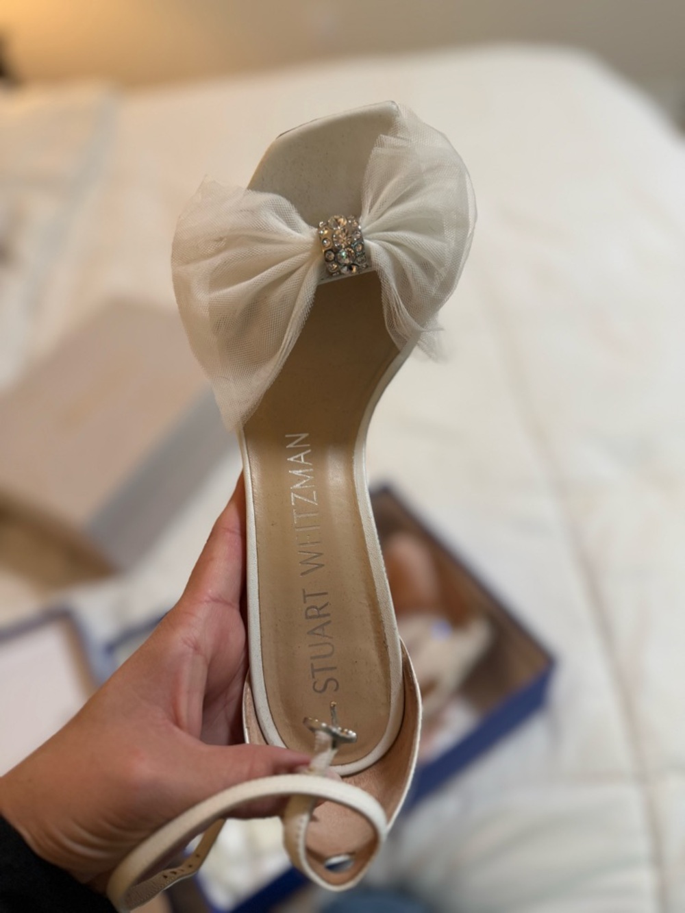 Stuart Weitzman Ivory Tulle Bow Crystal Sandal